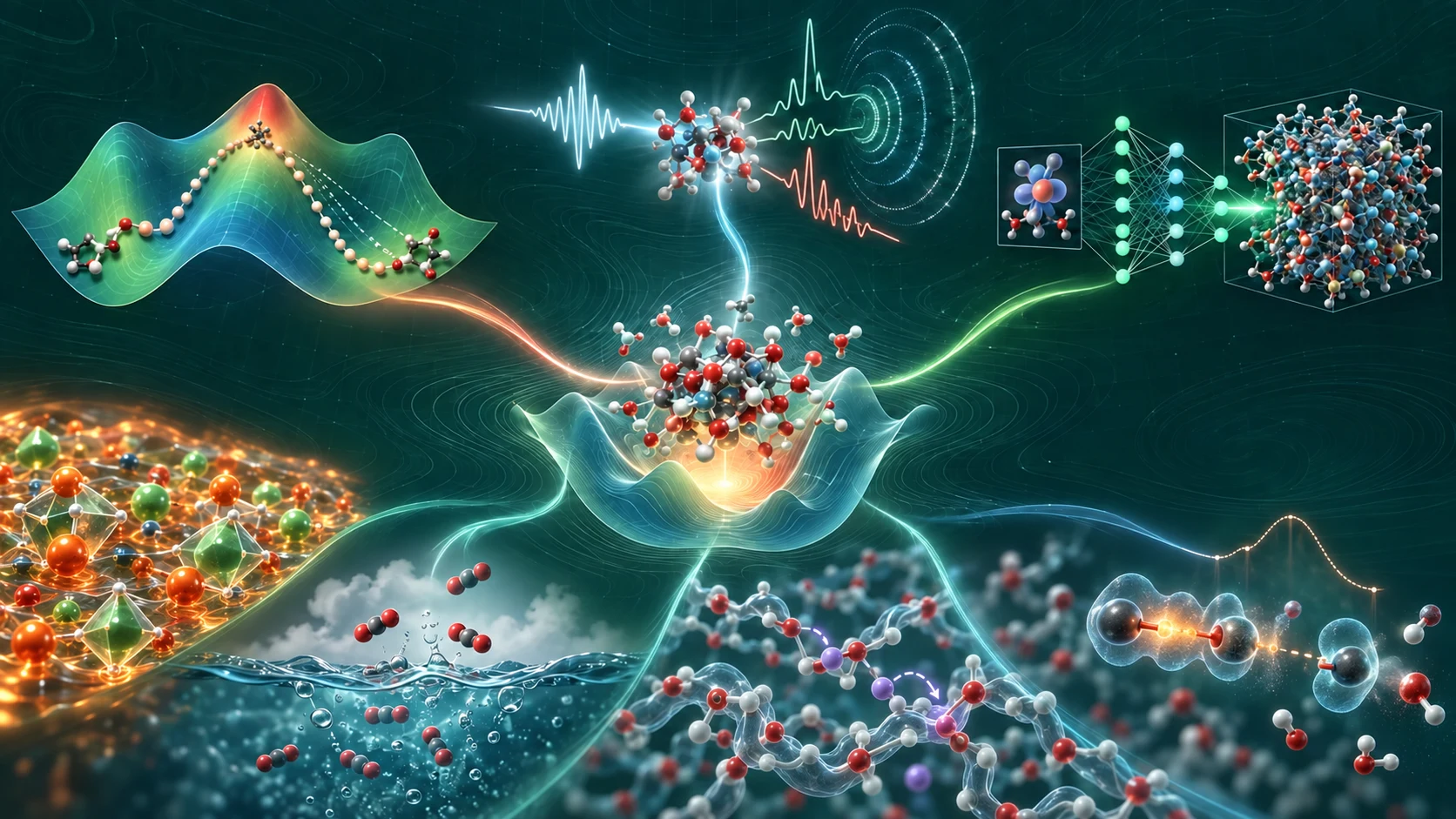 Research overview connecting rare-event rate theory, computational spectroscopy, and deep-learning interatomic potentials to molten salts, carbon capture, polymer electrolytes, and bond-breaking chemistry.